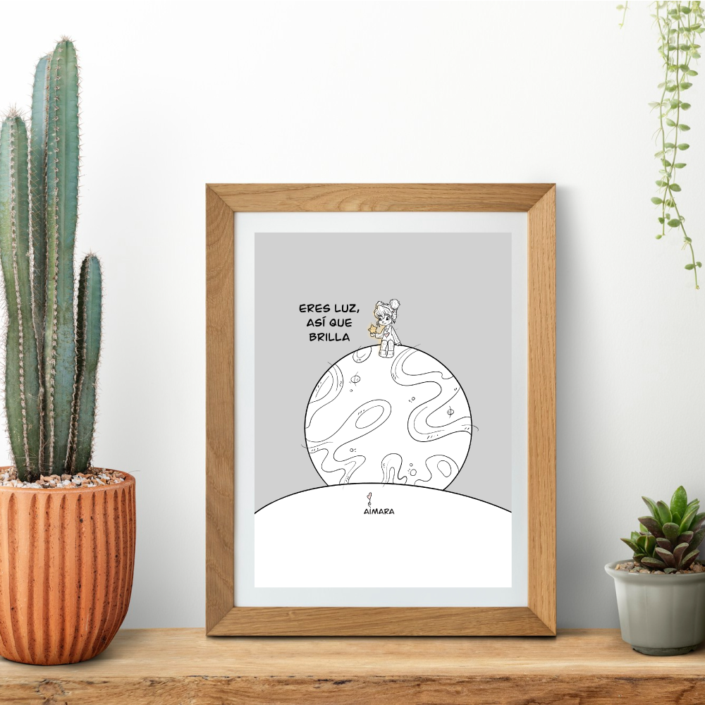 Lámina de crecimiento personal con ilustración decorativa con frase motivacional: eres luz, así que brilla