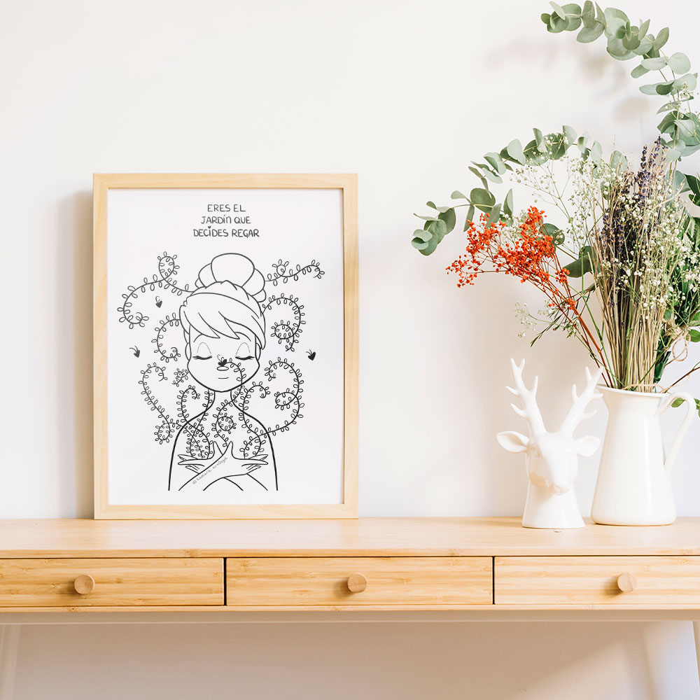 Lámina de crecimiento personal con ilustración decorativa con frase motivacional: eres el jardín que decides regar