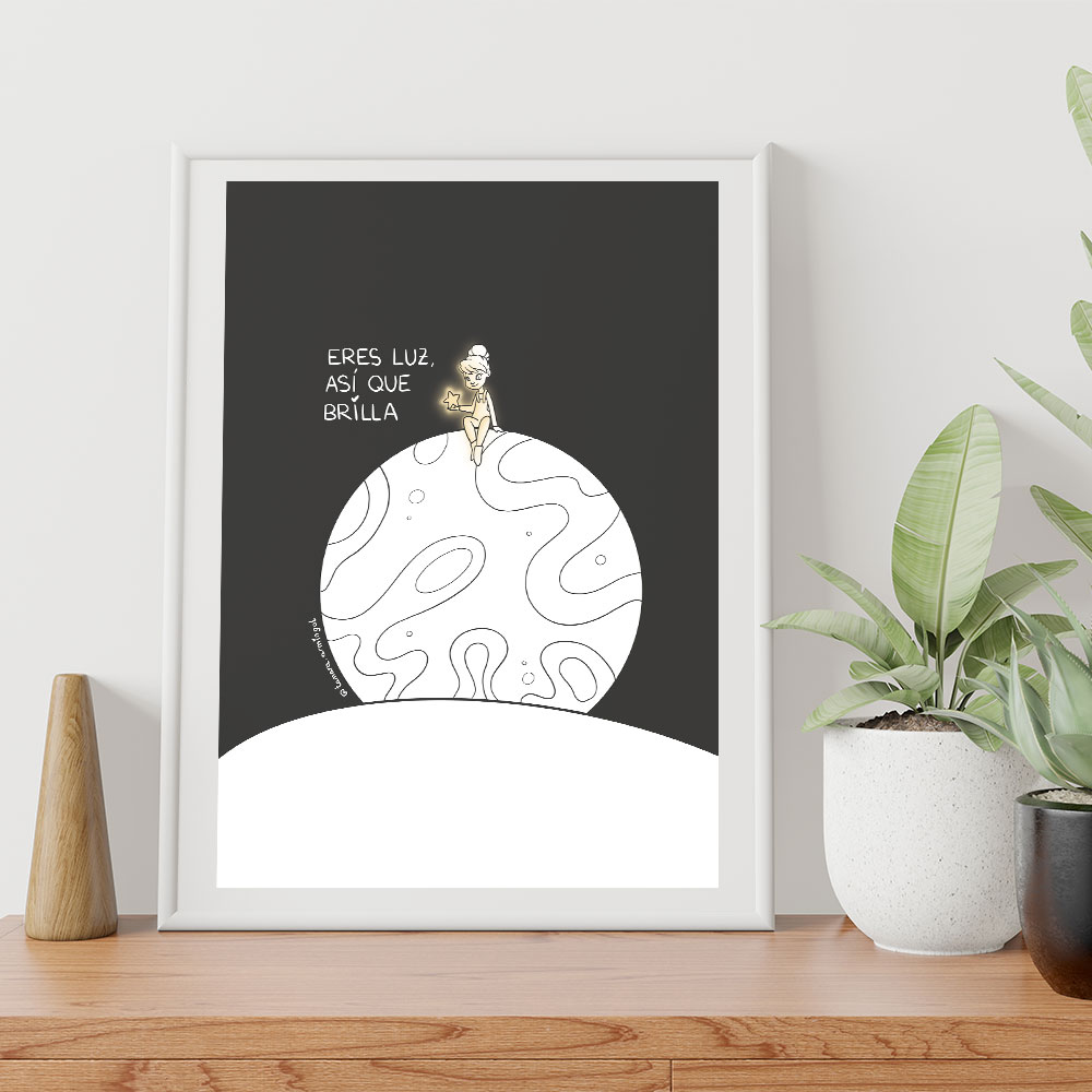 Lámina de crecimiento personal con ilustración decorativa con frase motivacional: eres luz, así que brilla